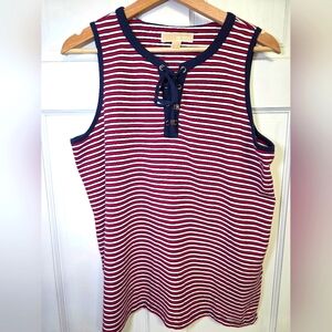 Michael Kors Sleeveless Tank Top Striped Blue Red White Front Tie- Size Lg